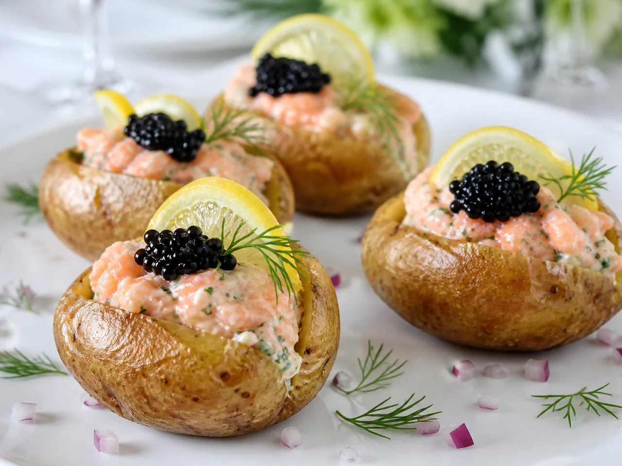 Закуска из печеного картофеля, лосося, лимонного крема и черной икры