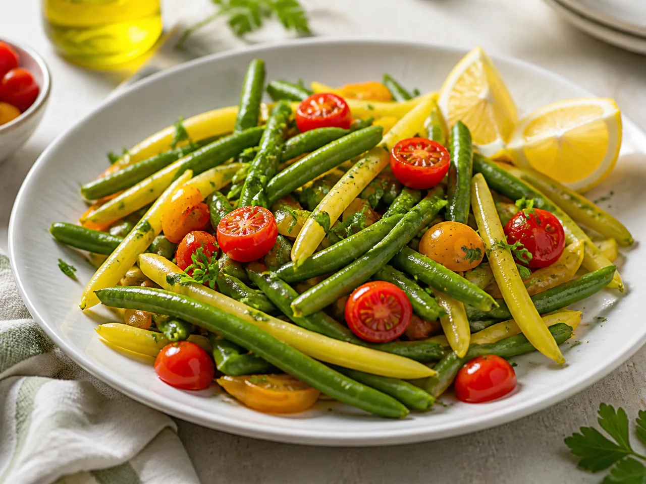 Горячая закуска из желтой и зеленой стручковой фасоли с томатами и лимоном
