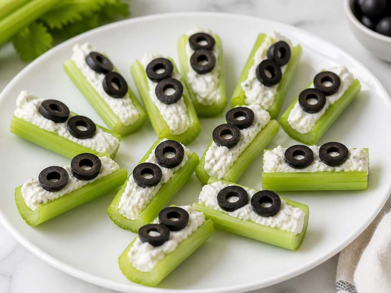 Легкая закуска из сельдерея, творожного сыра и оливок