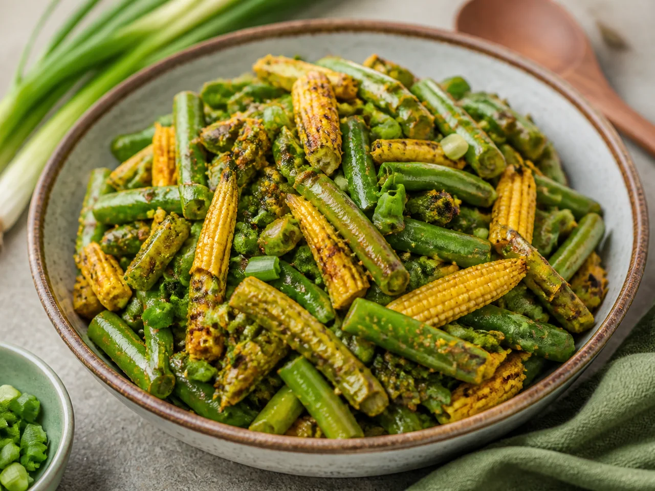 Закуска из зеленой фасоли, молодой кукурузы и зеленого лука по-индийски