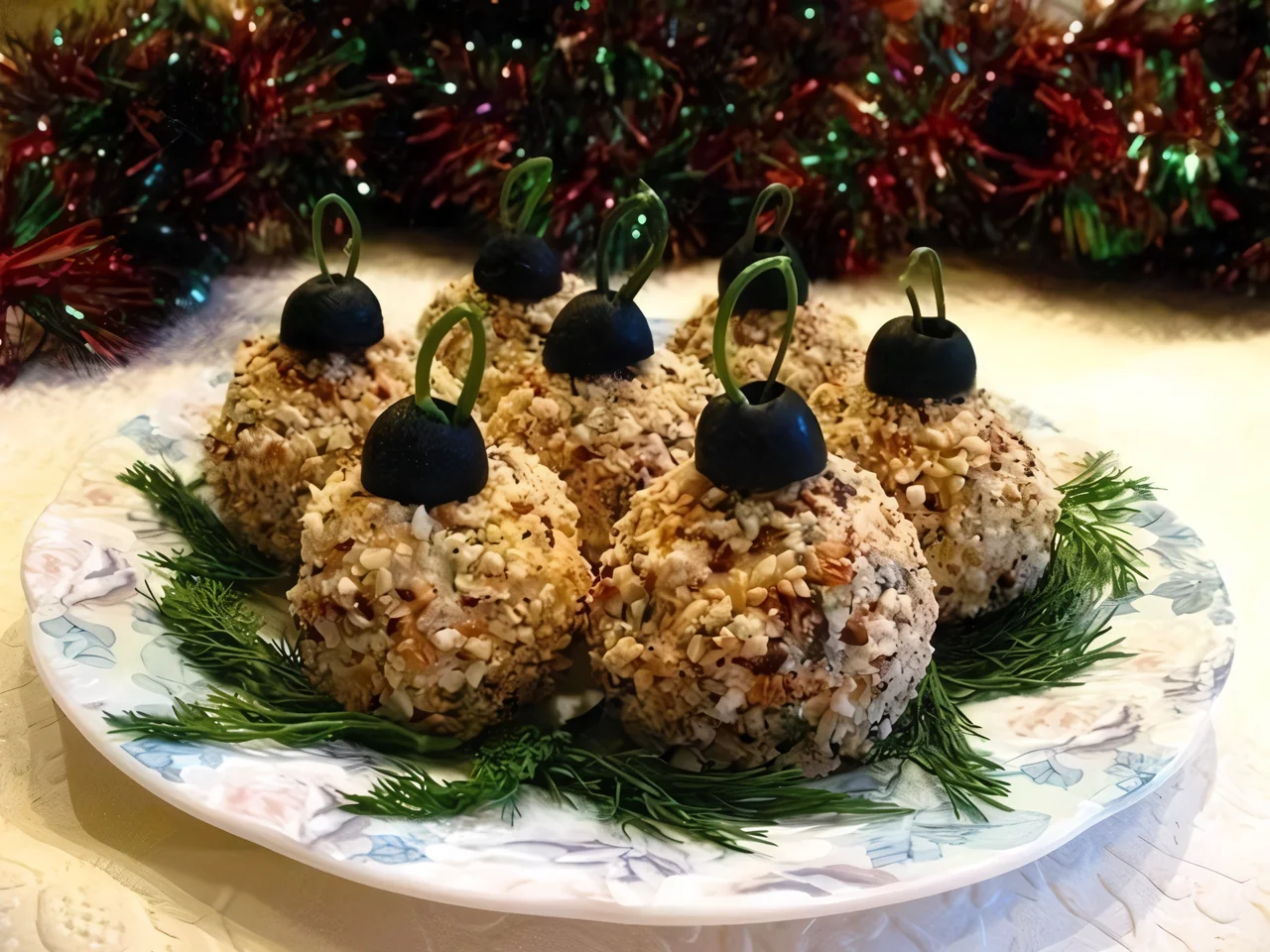 Закуска из курицы с чесноком, майонезом и грецкими орехами «Елочные шары»