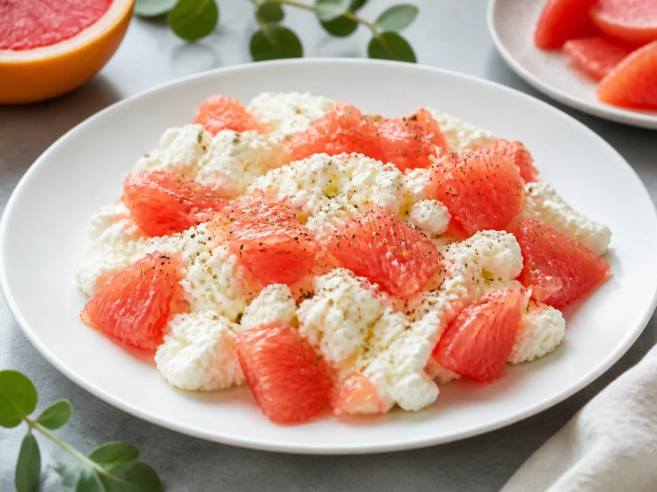 Легкая закуска с творогом, грейпфрутом и черным перцем