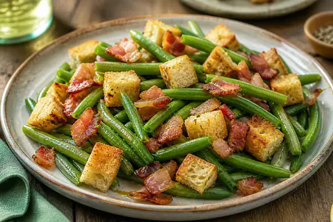 Закуска из разноцветной стручковой фасоли с панчеттой и сухарями
