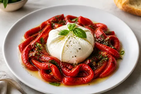 Закуска из маринованных острых перцев с сыром буррата