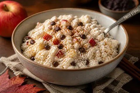 Осенний творожный десерт с яблоком, шоколадной крошкой и корицей