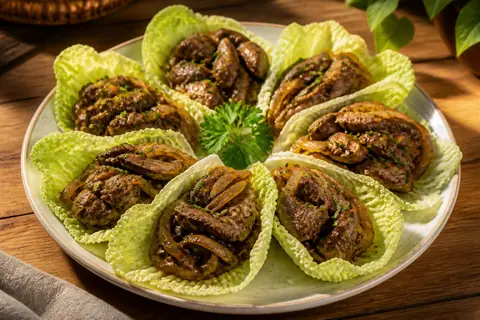 Закуска из куриной печени на листьях пекинской капусты